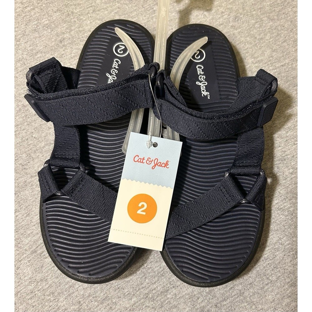 Cat & Jack Navy Strappy Sandals Size 2 Hook & Loop Adjustable Nylon